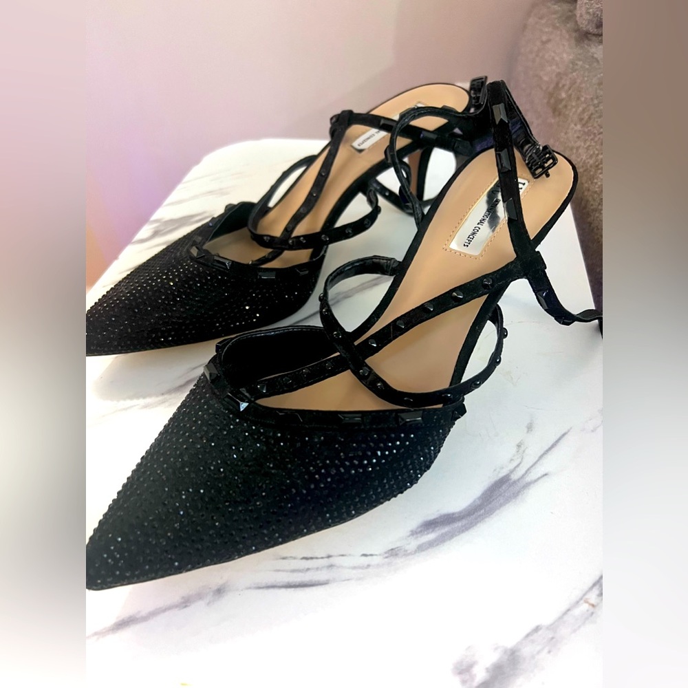 INC pointed toe black studded kitten heel pumps with ankle straps